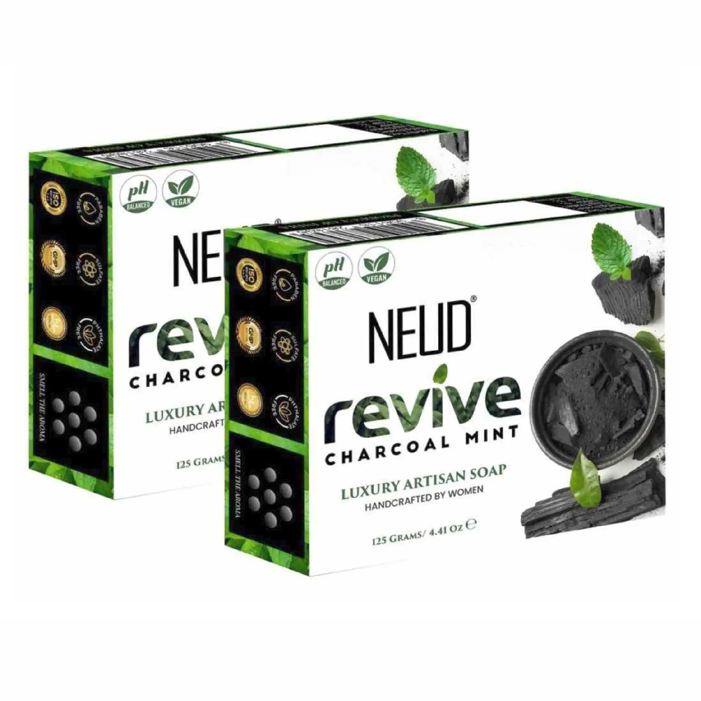 NEUD Revive Charcoal Mint Luxury Artisan pH-Balanced Vegan Handmade Soap With Tea Tree Oil, Peppermint, Eucalyptus Oil and Khus Seed - 2x125g Pack