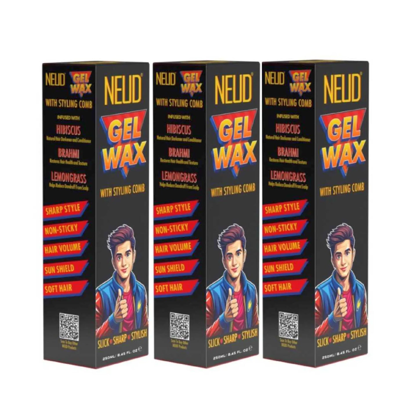 NEUD Styling Hair Gel Wax With Comb Infused with Hibiscus, Brahmi and Lemongrass - 3x250ml Pack