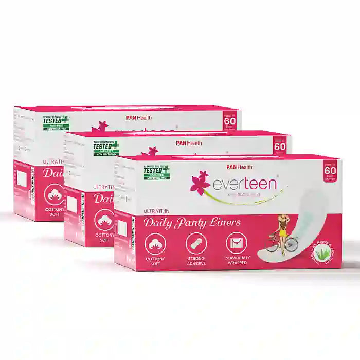 Buy 3 Packs of 60 everteen Daily Panty Liners Infused with Neem and Aloe Vera for White Discharge and Urinary Leakage in Women - everteen-neud.com