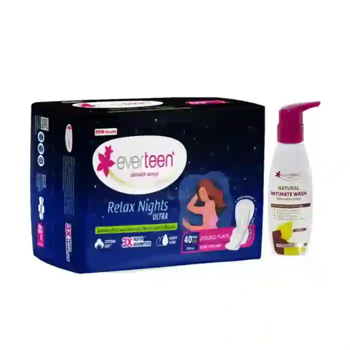 everteen Combo - Relax Nights Ultra 40 XXL Sanitary Pads and Witch Hazel Intimate Wash 105ml