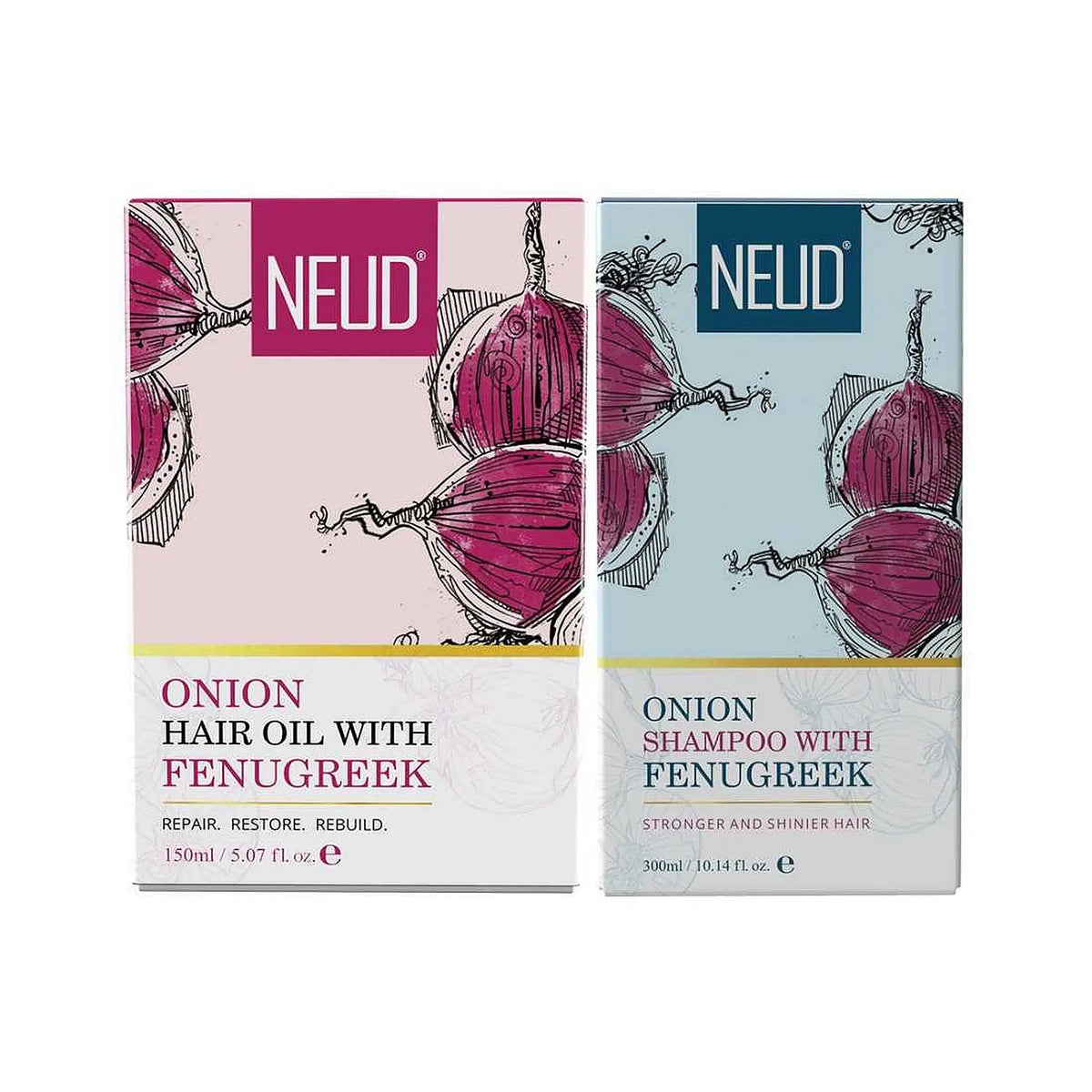 NEUD Hair Care Combo - Onion Hair Oil 150ml and Onion Hair Shampoo with Fenugreek 300ml