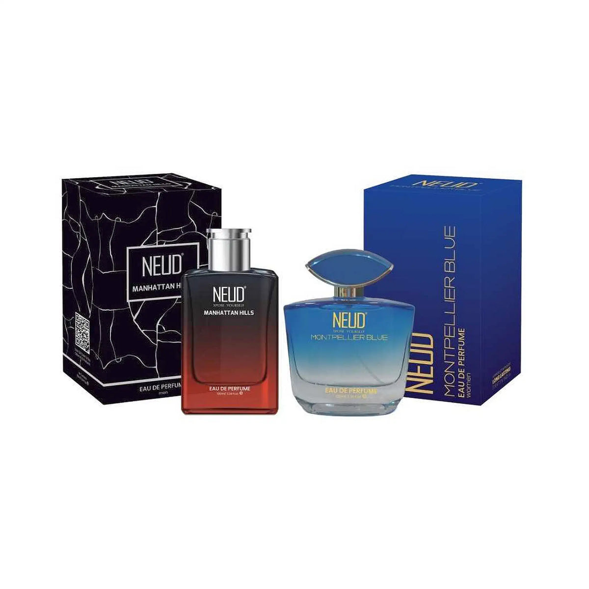 NEUD Luxury Perfume Combo - Manhattan Hills for Men 100ml and Montpellier Blue for Women 100ml - Long Lasting Eau De Parfum