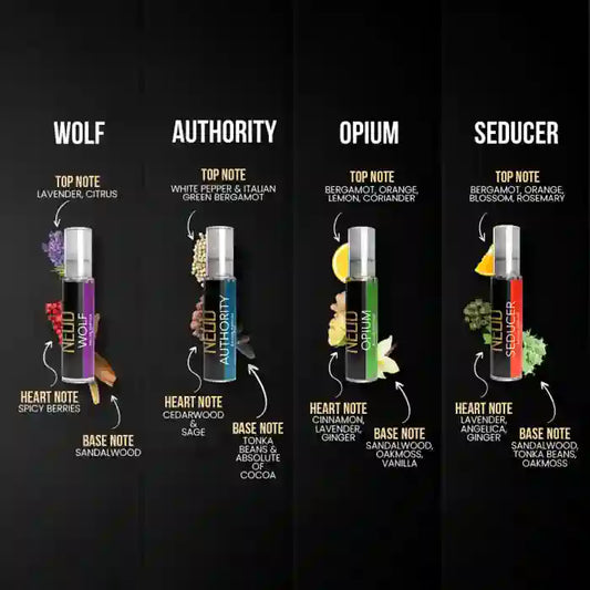 Four different NEUD perfume bottles for Men labeled 'Wolf', 'Authority', 'Opium', and 'Seducer' with their top, heart, and base notes on a black background.