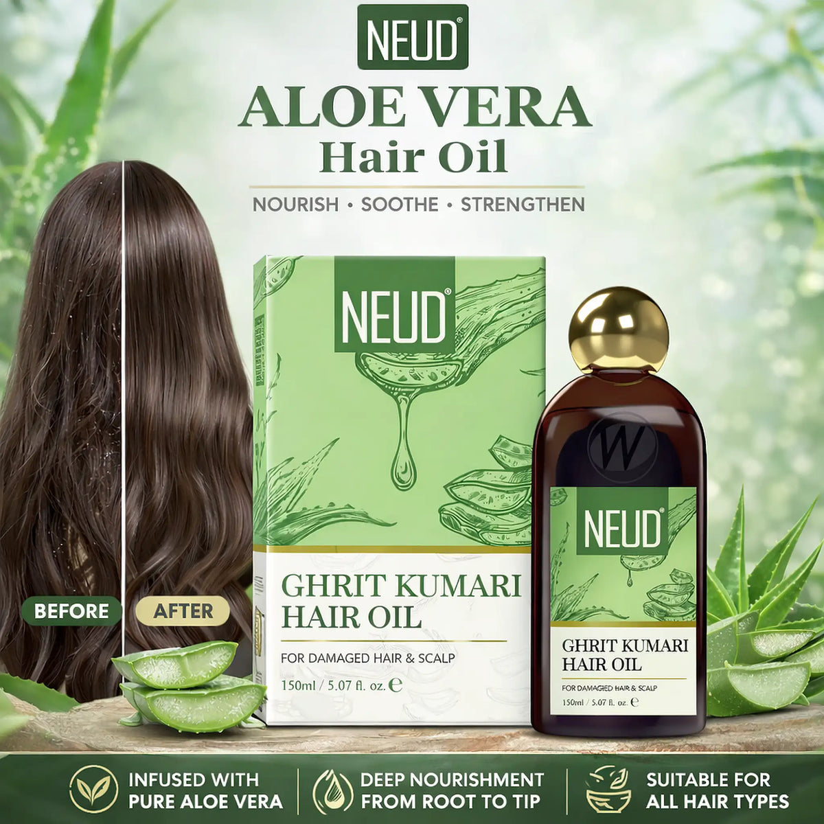 NEUD Ghrit Kumari Aloe Vera Hair Oil 150ml - Deep Nourishment For All Hair Types