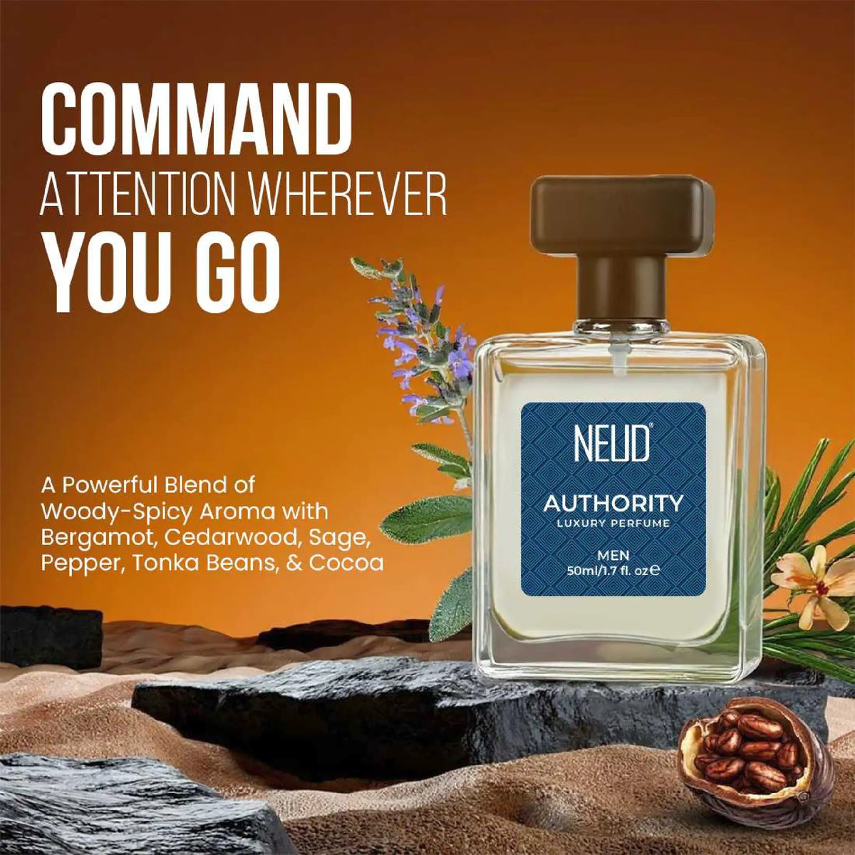 NEUD Authority Luxury Perfume for Men - Woody Spicy Aroma With Bergamot, Cedarwood, Sage, Pepper, Tonka Beans and Cocoa