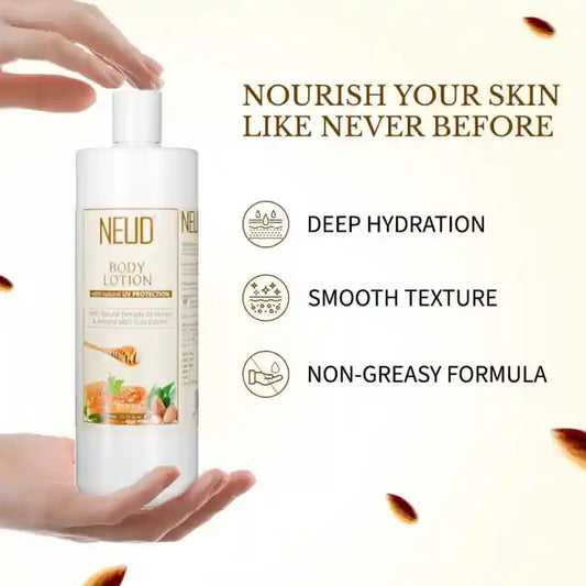 The non-greasy formula of NEUD Body Lotion with Honey, Almond and Tulsi gives you deep hydration for smooth skin texture - everteen-neud.com