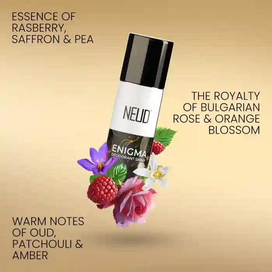 NEUD ENIGMA Deodorant has royal notes of Oudh, Raspberry, Saffron, Bulgarian Rose, Orange Blossom, Patchouli and Amber - everteen-neud.com