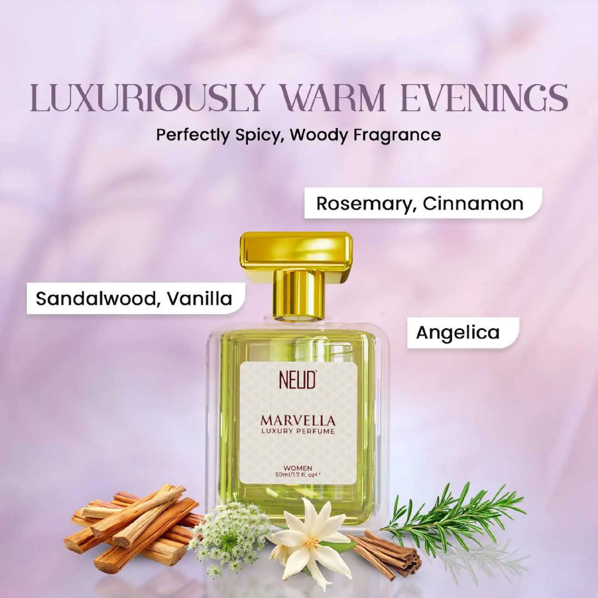 NEUD Marvella Luxury Perfume for Women - Spicy and Woody Notes of Rosemary, Cinnamon, Sandalwood, Vanilla and Angelica Roots
