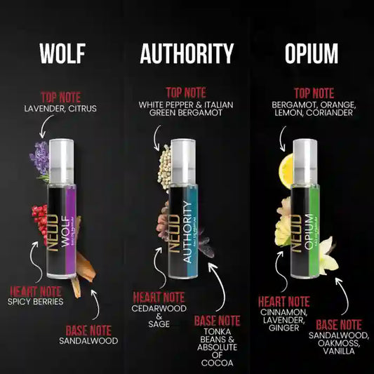 Three NEUD perfume vials for men labeled 'Wolf', 'Authority', and 'Opium' with notes on a black background.
