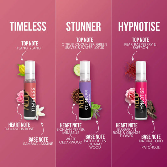 Three Pocket Perfume Vials - Timeless, Stunner, and Hypnotise - With Notes Of Ylang Ylang, Damascus Rose, Jasmine, Citrus, Lotus, Cedarwood, Oud, Raspberry, Saffron and Patchouli
