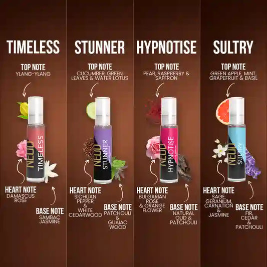Four NEUD perfume vials for Women labeled 'Timeless', 'Stunner', 'Hypnotise', and 'Sultry' with top, heart and base notes displayed.