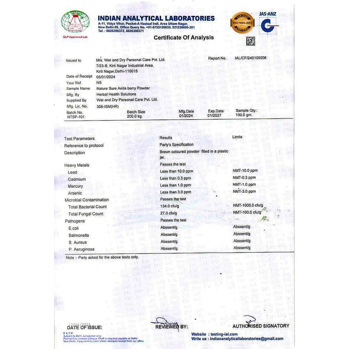 Nature Sure Amla Powder 100g – GLP Laboratory Certificate for Purity and Quality Assurance
