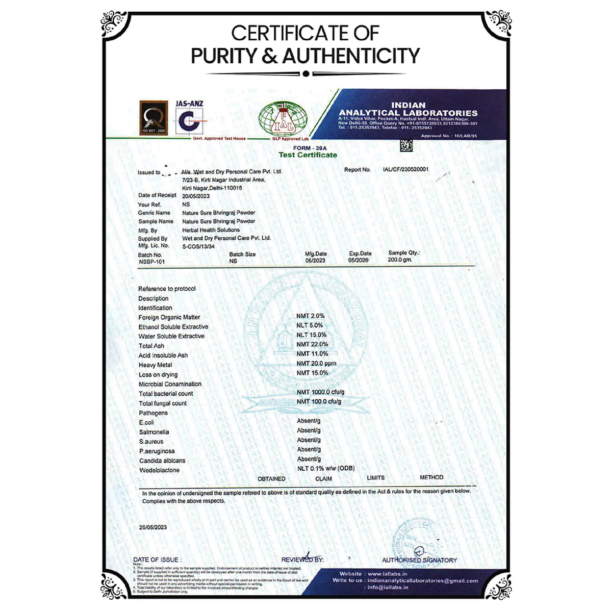 Nature Sure Bhringraj Powder – Certificate of Purity and Authenticity by GLP-Approved Laboratory