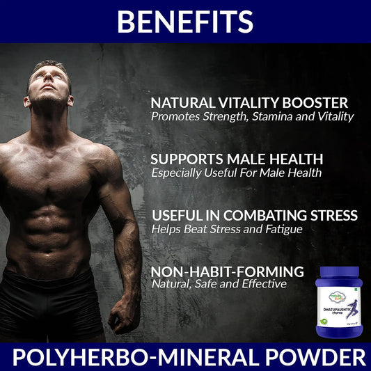 Advertisement for Nature Sure Dhatupaushtik Churna Polyherbo-Mineral Powder with a man and product image on a dark background