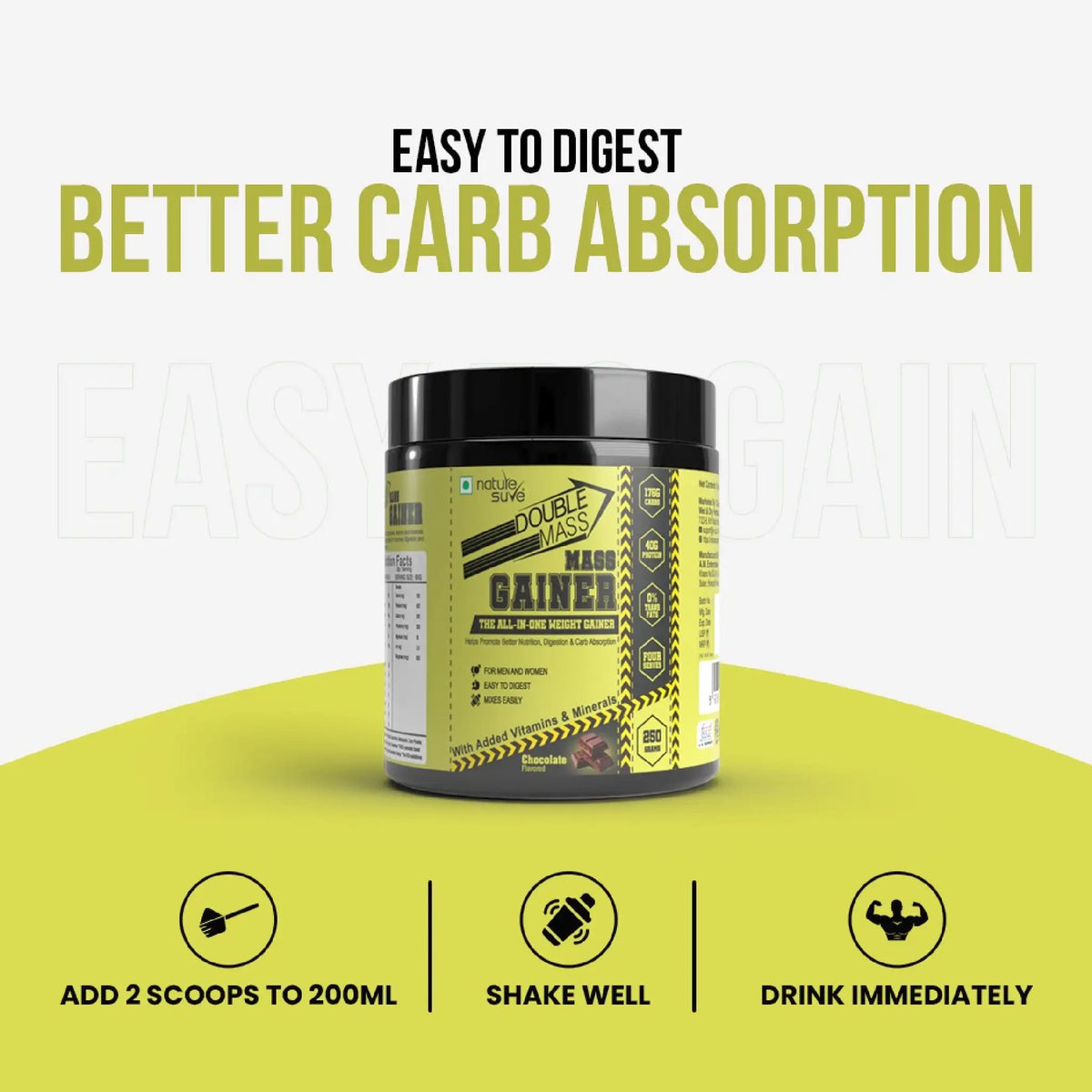 Nature Sure Double Mass Chocolate Mass Gainer – Mix 2 Scoops in 200ml Milk or Water and Consume