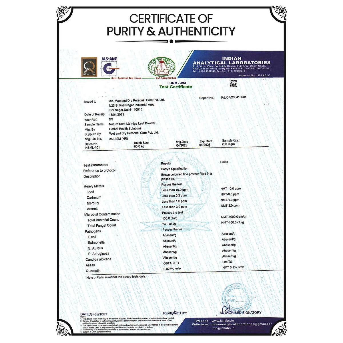 Nature Sure Moringa Powder - GLP Laboratory Certificate For Purity and Quality Assurance