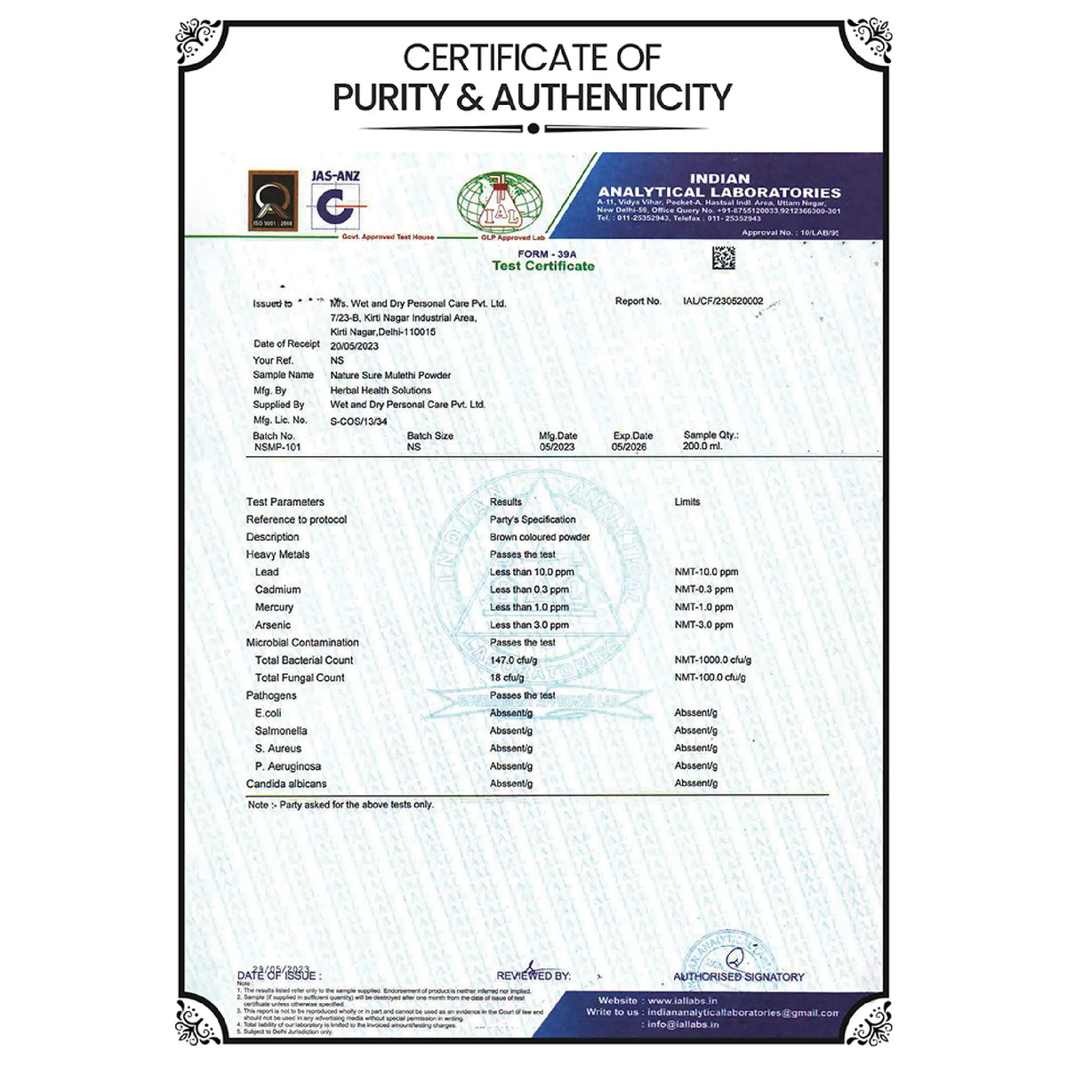 Nature Sure Mulethi Licorice Powder 100g - Certificate of Purity and Authenticity by GLP-Approved Laboratory