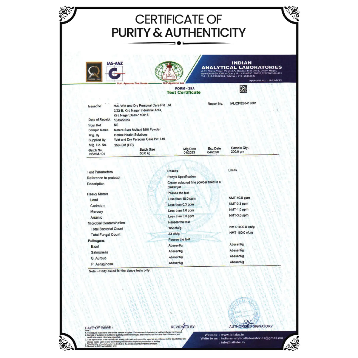 Nature Sure Multani Mitti Powder 200g - Certificate of Purity and Authenticity From GLP Approved Laboratory