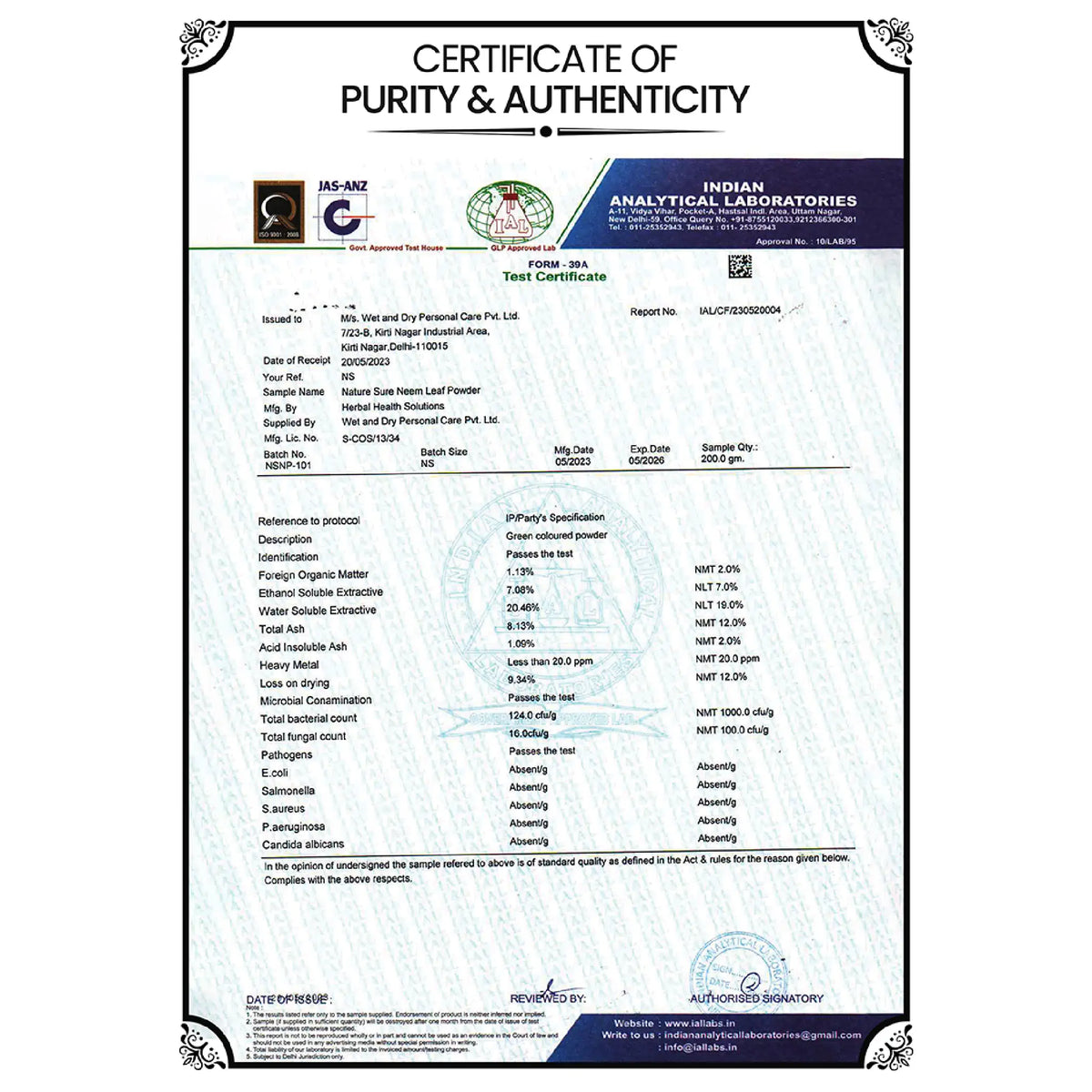 Nature Sure Neem Leaf Powder – Certificate of Purity and Authenticity from GLP-Approved Laboratory