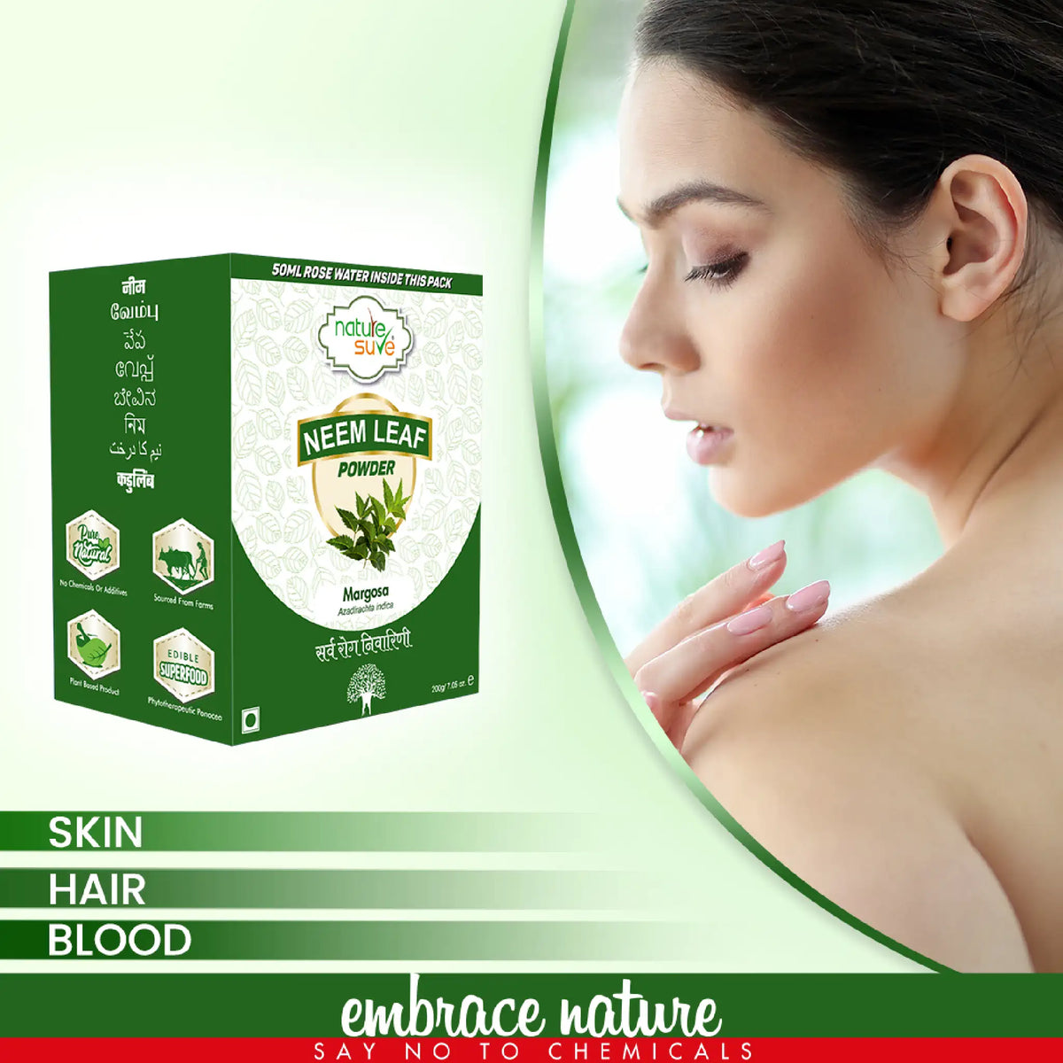 Nature Sure Neem Leaf Powder 200g with Rose Water 50ml – AYUSH-Certified Ayurvedic Herb