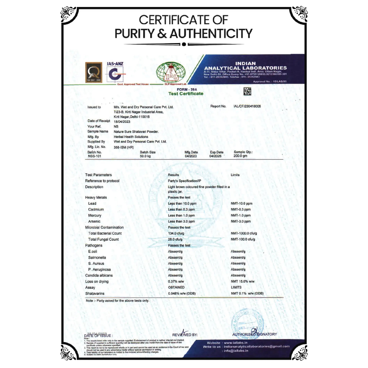 Every pack of Nature Sure Shatavari Asparagus Powder 100g contains a certificate of purity and authenticity