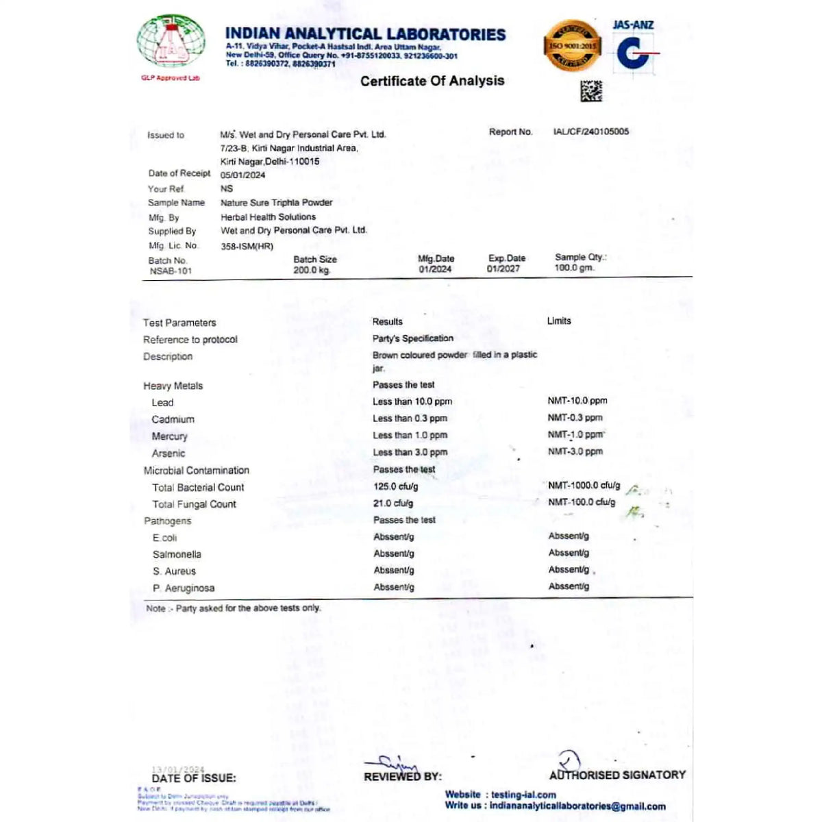 Nature Sure Triphala Powder - Certificate of Analysis from Indian Analytical Laboratories with Test Results