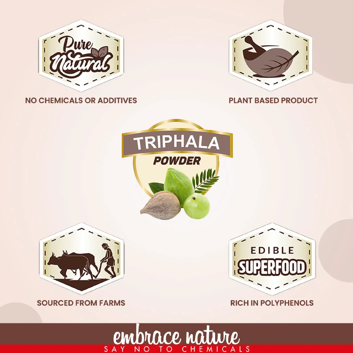 Nature Sure Triphala Powder is a plant based product sourced from farms. It is rich in polyphenols, and does not contain chemicals or preservatives