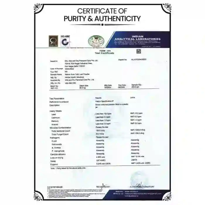 Nature Sure Tulsi Leaf Powder - Certificate of Purity And Authenticity From GLP Approved Laboratory