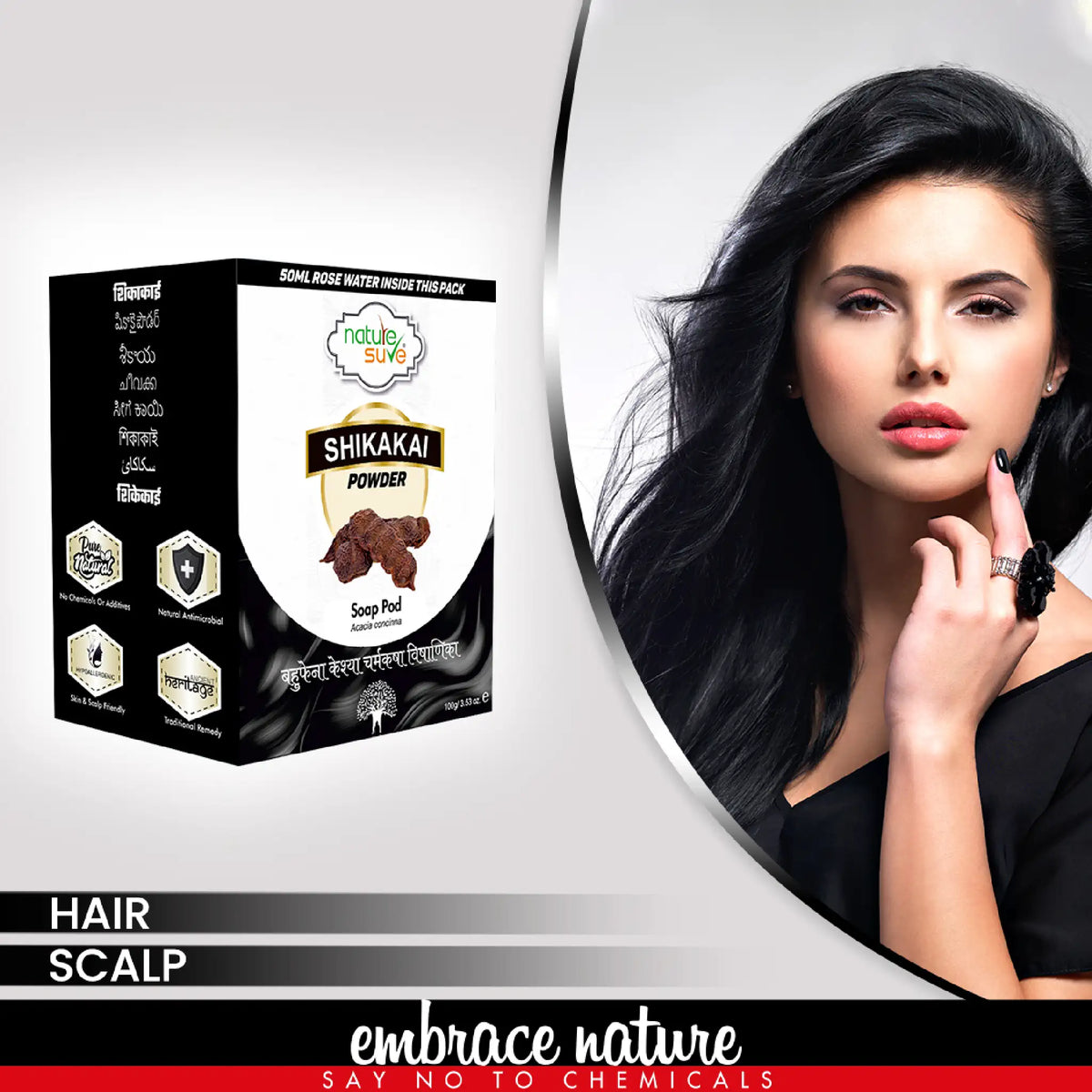 Nature Sure Shikakai Powder 100g with Rose Water 50ml - For Hair and Scalp Conditioning