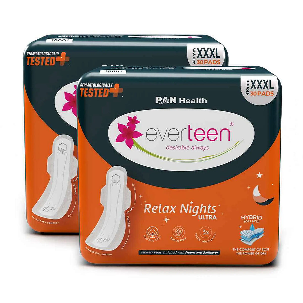 everteen Relax Nights Ultra XXXL Overnight Sanitary Pads (410mm) With Neem, Safflower - 2 Packs x 30 Pads Each