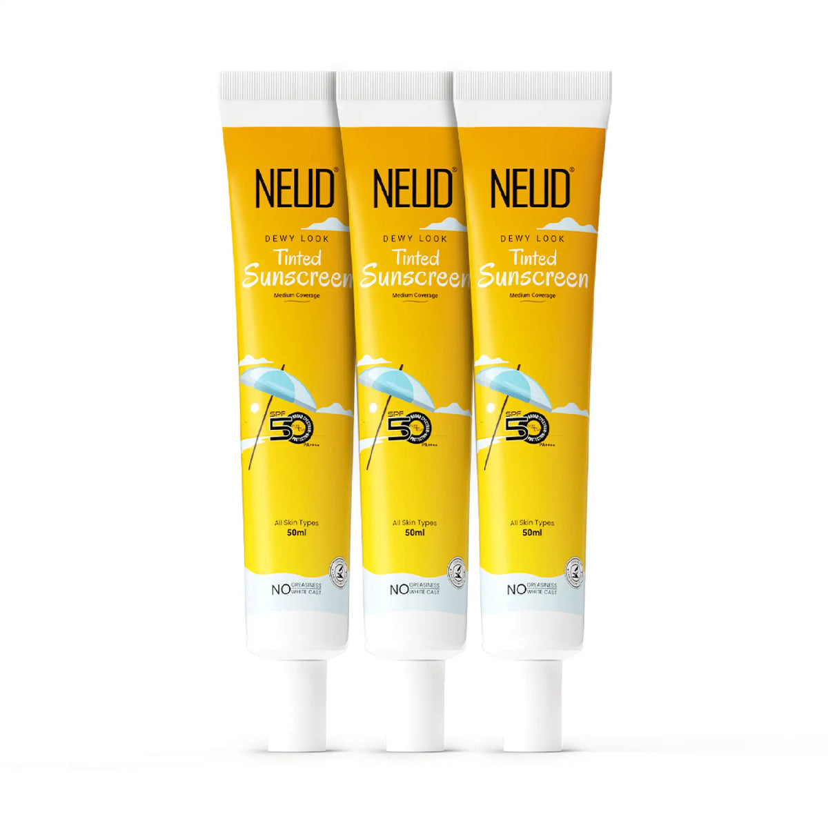NEUD Dewy Look Tinted Sunscreen 3x50ml – SPF 50 PA++++ with Hyaluronic Acid