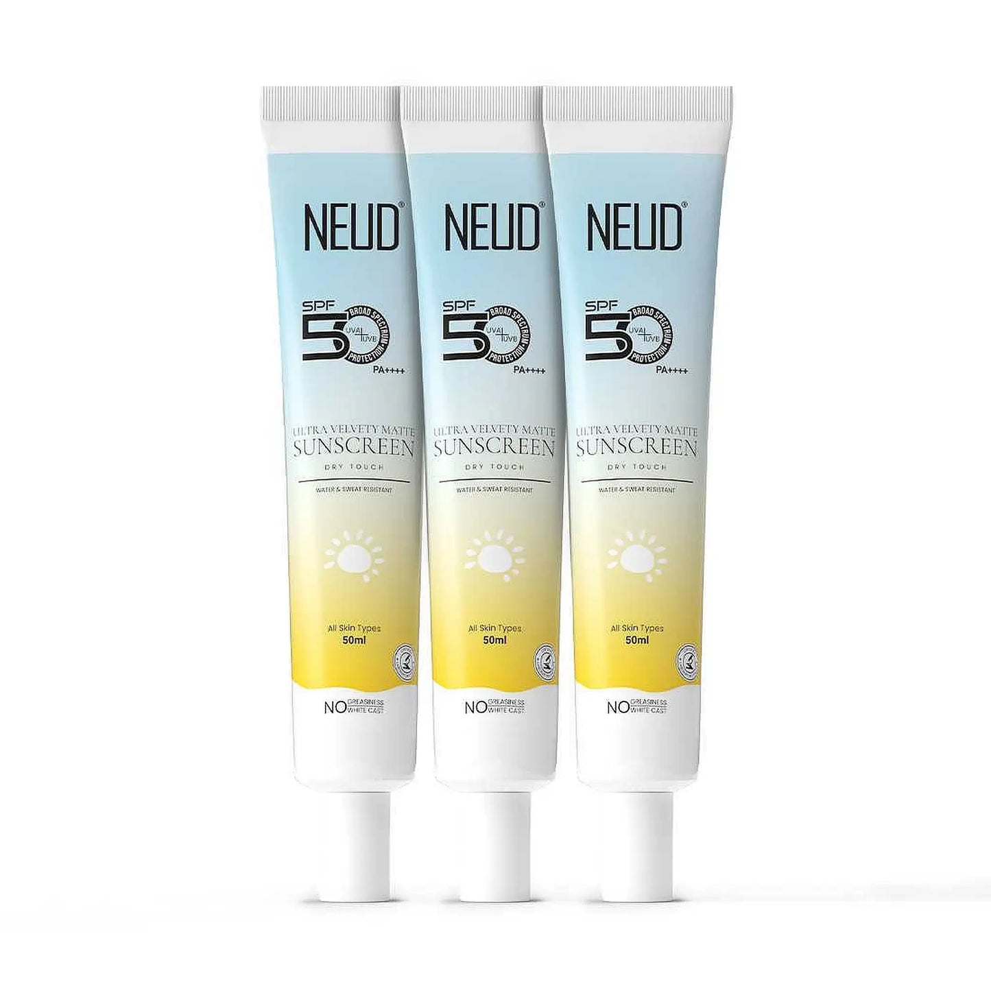 NEUD Ultra Velvety Matte Dry Touch Sunscreen 3x50ml – SPF 50 PA++++ with Vitamin E