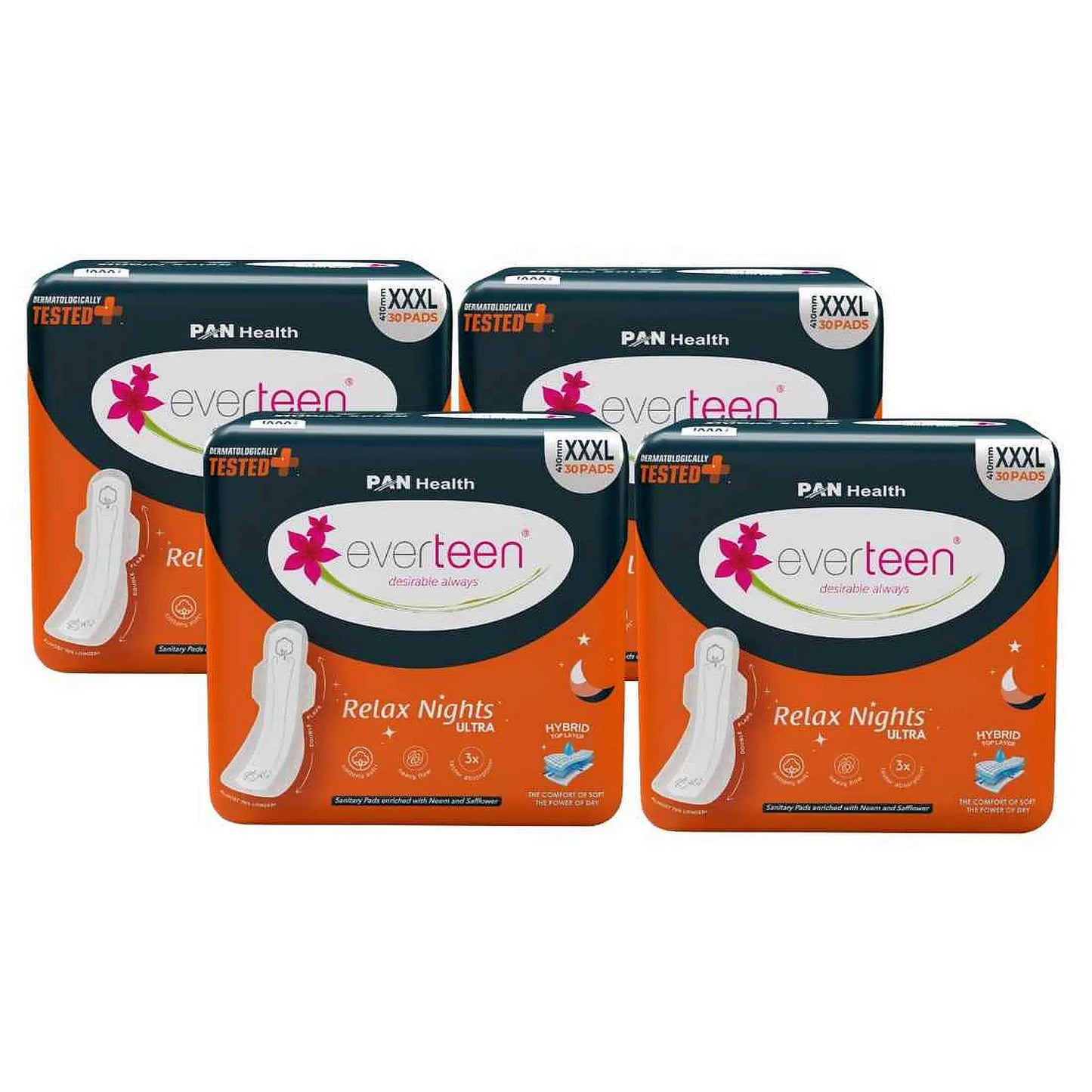 everteen Relax Nights Ultra XXXL Overnight Sanitary Pads (410mm) With Neem, Safflower - 4 Packs x 30 Pads Each