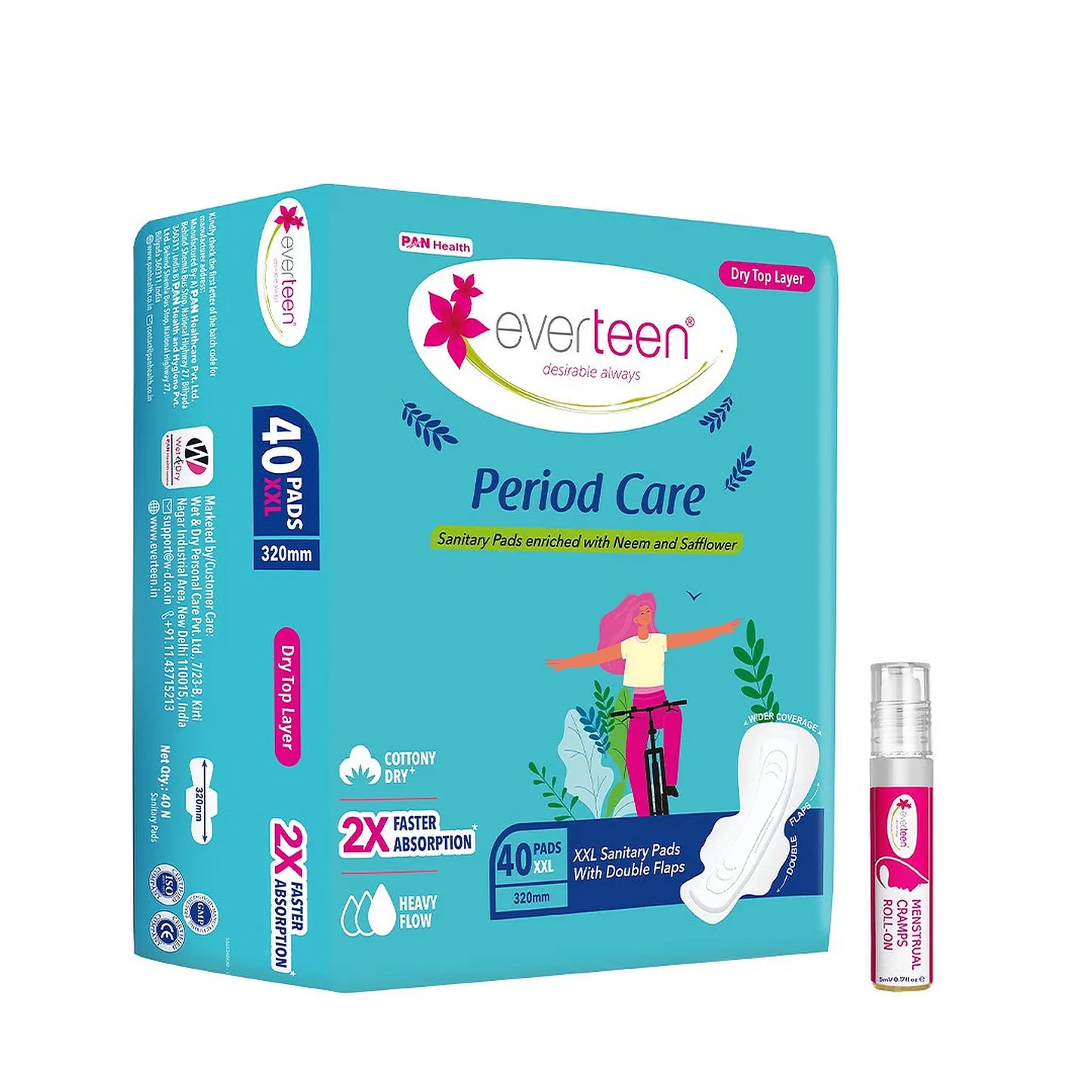 Buy everteen Combo of Neem Safflower Period Care Dry 40 XXL Sanitary Pads and Menstrual Cramps Roll-On for Periods directly from company - everteen-neud.com
