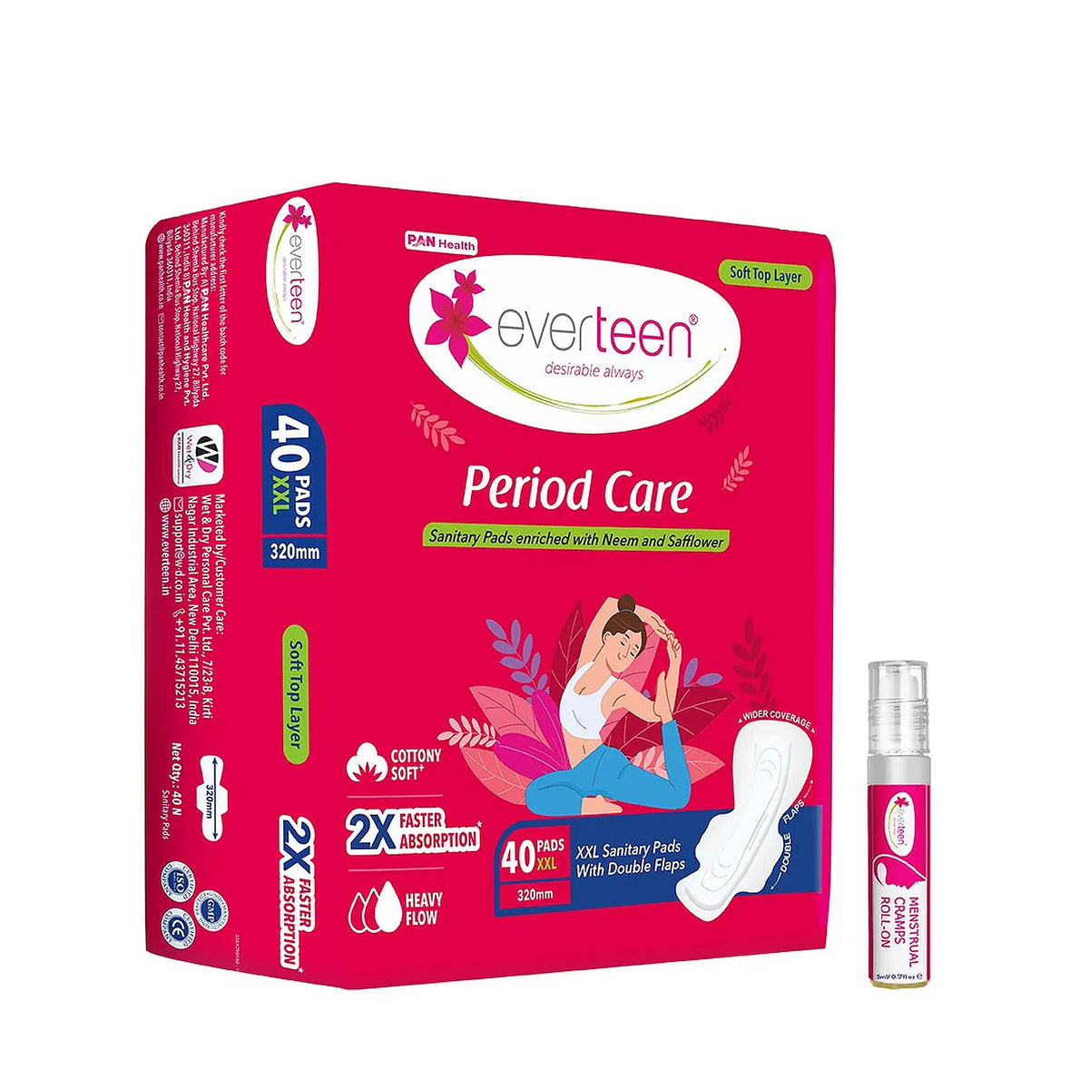 everteen Combo – Neem Safflower Period Care Soft 40 XXL Sanitary Pads and Menstrual Cramps Roll-On