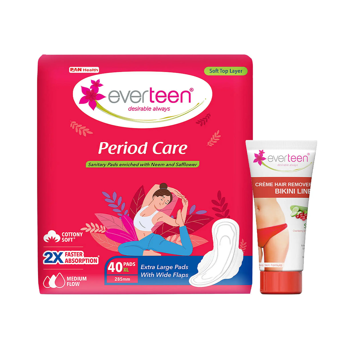 everteen Combo - Period Care Soft 40 XL Sanitary Pads and Silky Bikini Line Hair Remover Cream 50g