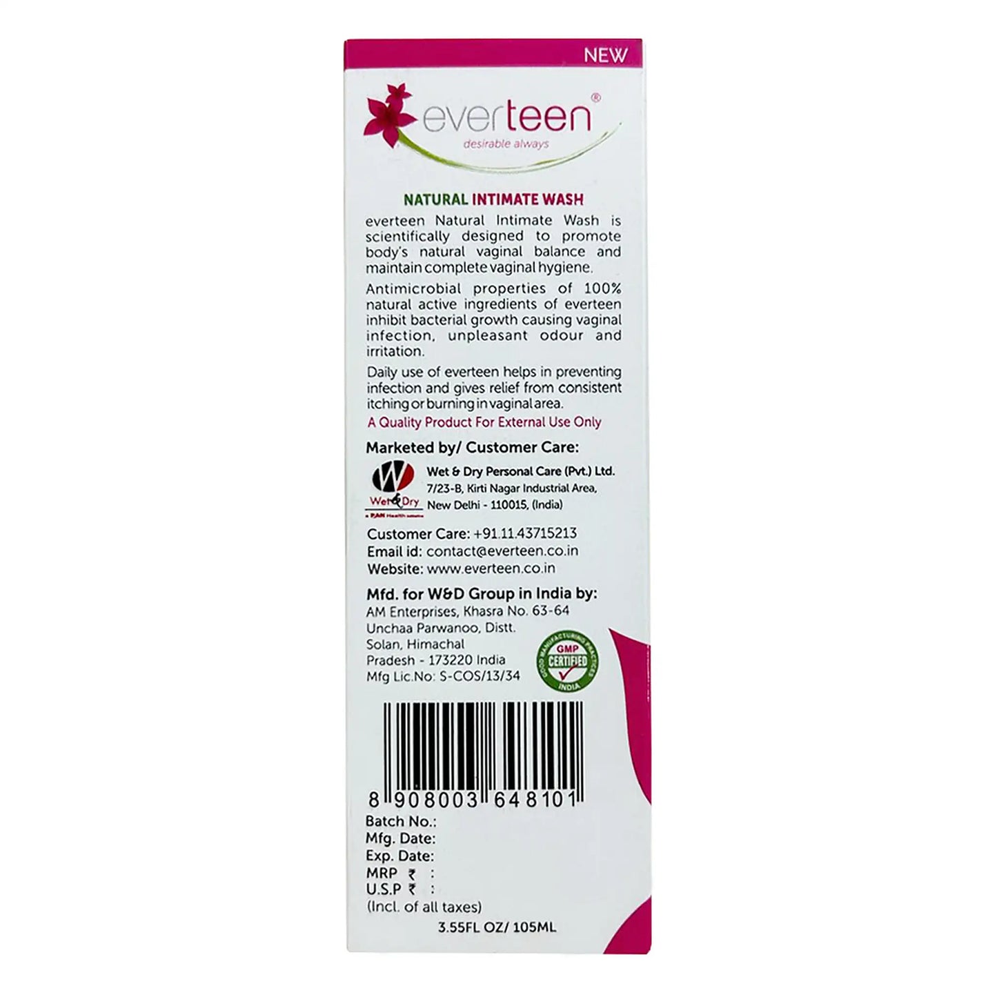 everteen Natural Intimate Wash 105ml - Shipped Worldwide From India