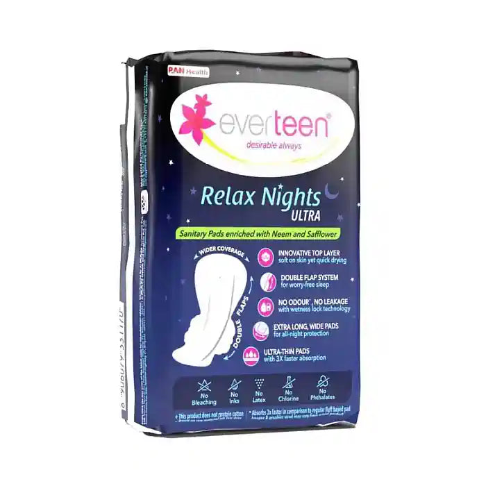 everteen XXL Relax Nights Ultra Thin 7 Sanitary Pads with Neem and Safflower Have a Hybrid Top Sheet and Double Flap System With No Odour, No Leakage - everteen-neud.com
