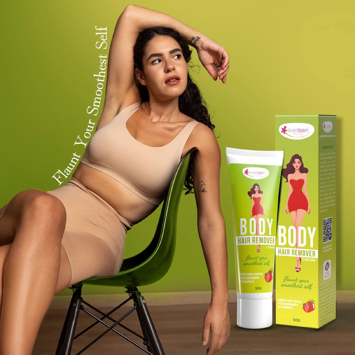 everteen Body Hair Remover Cream 50g – Strawberry, Vitamin E, Almond Oil and Allantoin for Smooth Skin