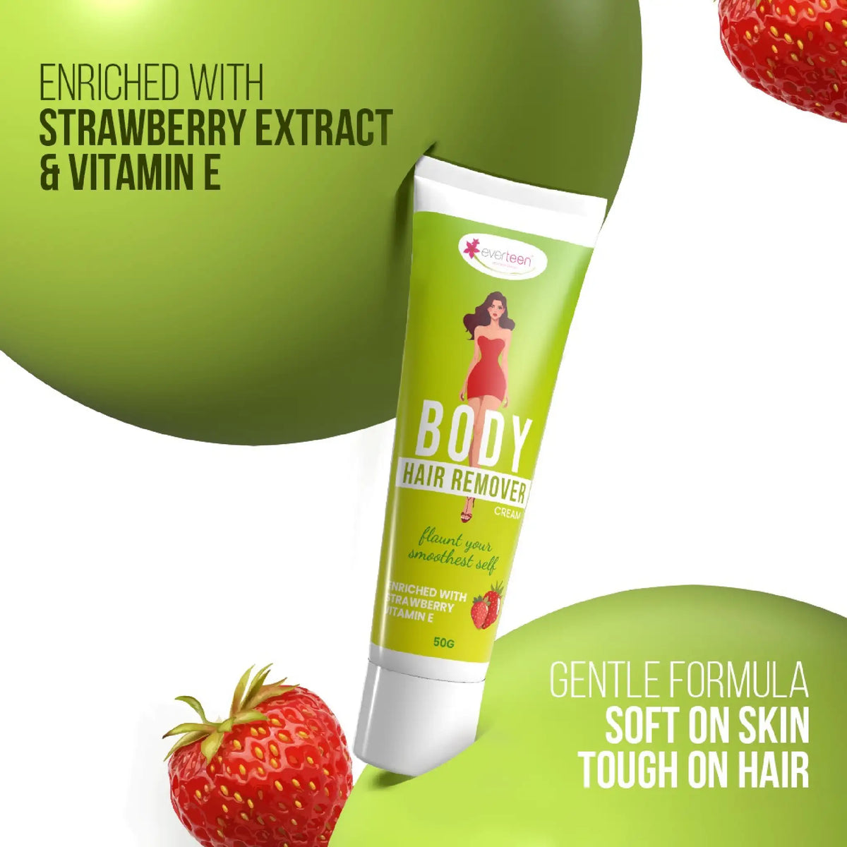 everteen Body Hair Remover Cream – Strawberry, Vitamin E, Almond Oil and Allantoin, Soft on Skin