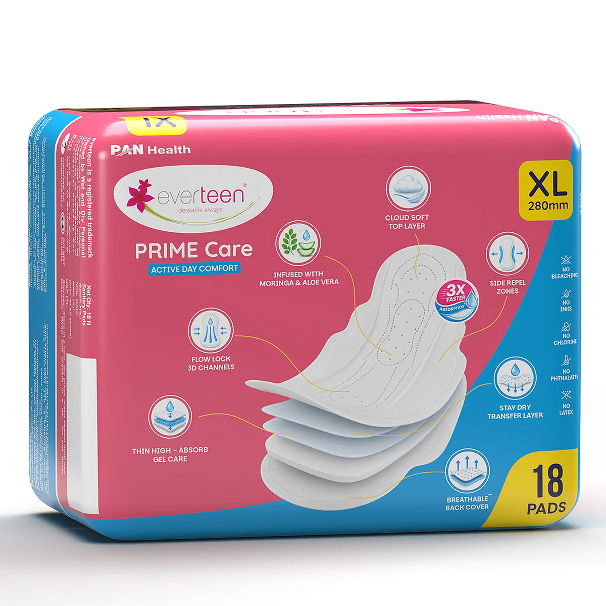 everteen PRIME Care XL Breathable Day Pads with Moringa & Aloe Vera, 18 Pads