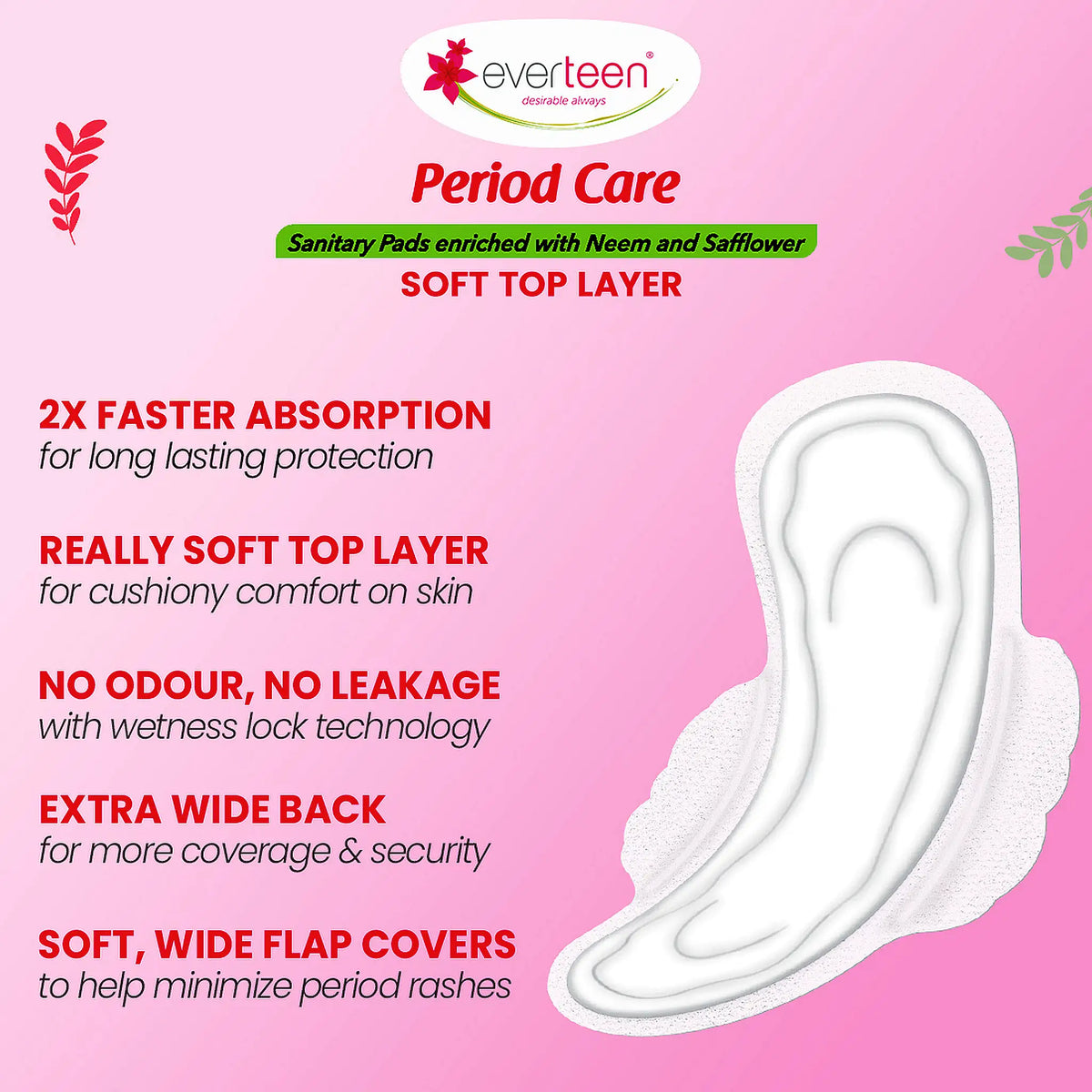 everteen Period Care Soft XL Sanitary Pads – Soft Top Layer, Wide Flaps for Medium Flow