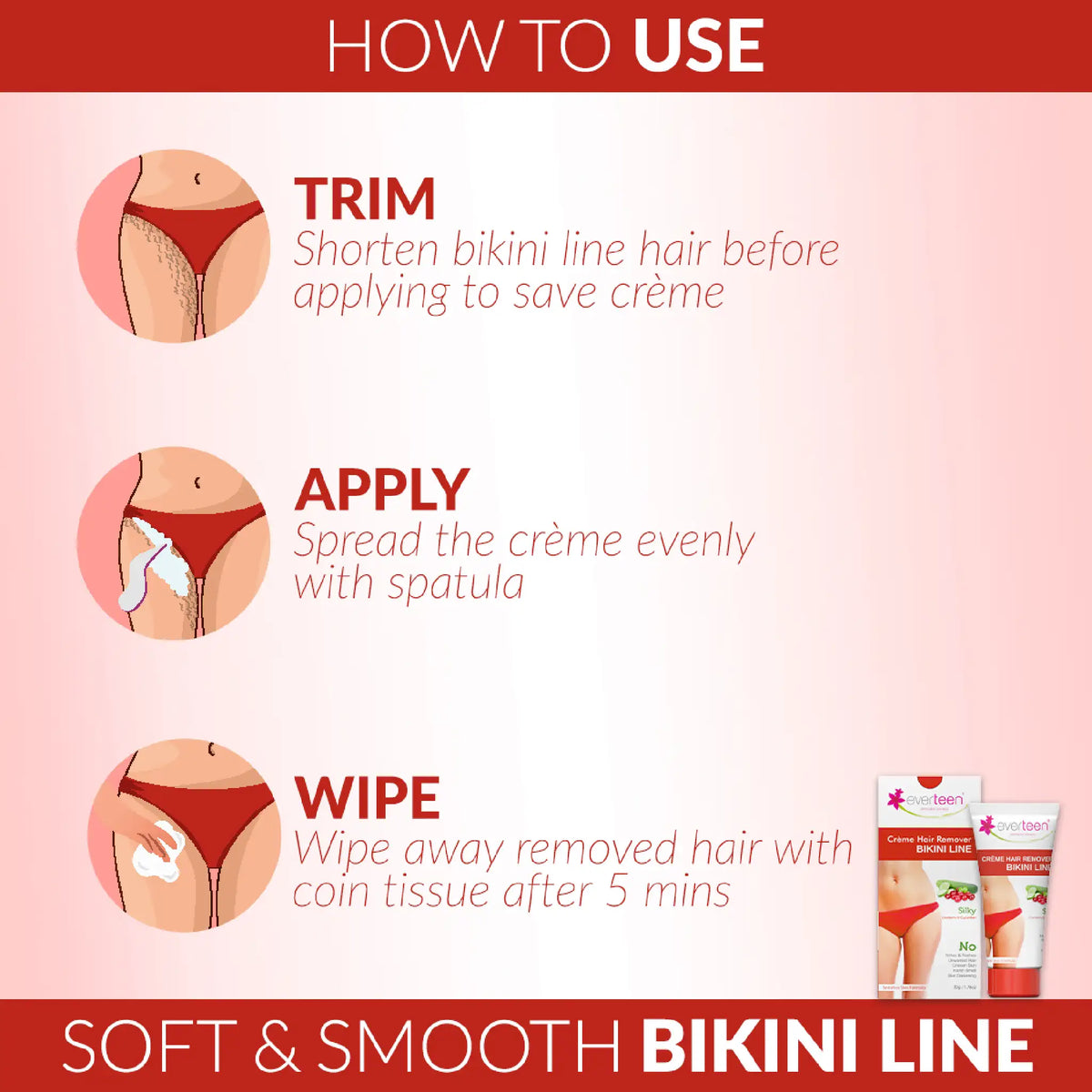 everteen Silky Bikini Line Hair Remover Cream - Just Trim, Apply and Wipe