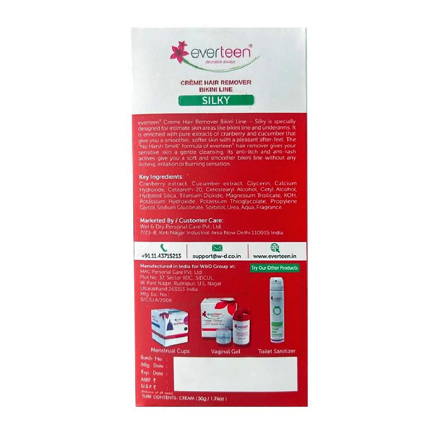 everteen Silky Bikini Line Hair Remover Cream With Cranberry and Cucumber - Shipped Worldwide From India