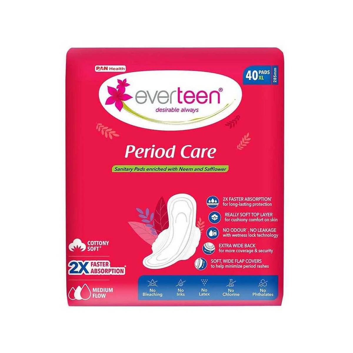 everteen Period Care Soft XL 40 Sanitary Pads – Fast Absorption, No Bleaching, Inks, Latex, Chlorine or Phthalates