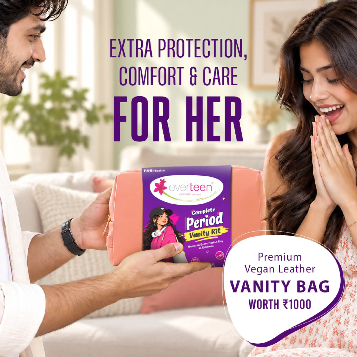 everteen Complete Period Vanity Kit – Pads, Panty Liners, Period Panty, Cramps Roll-On in Vegan Leather Vanity Bag