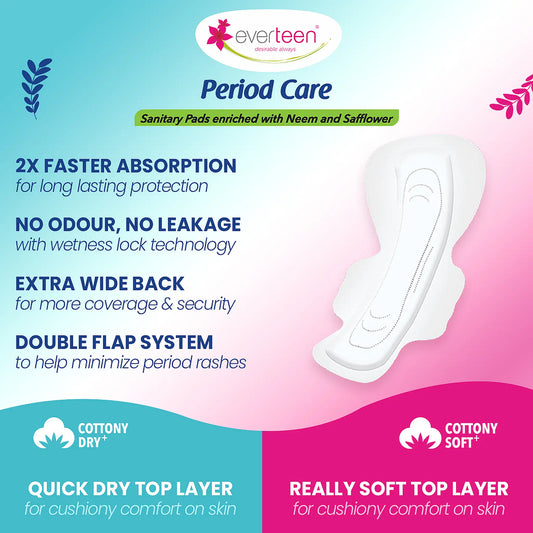 everteen Period Care XXL Sanitary Pads - 2X Faster Absorption, Double Flaps, No Odour, No Leakage, Extra Wide Back