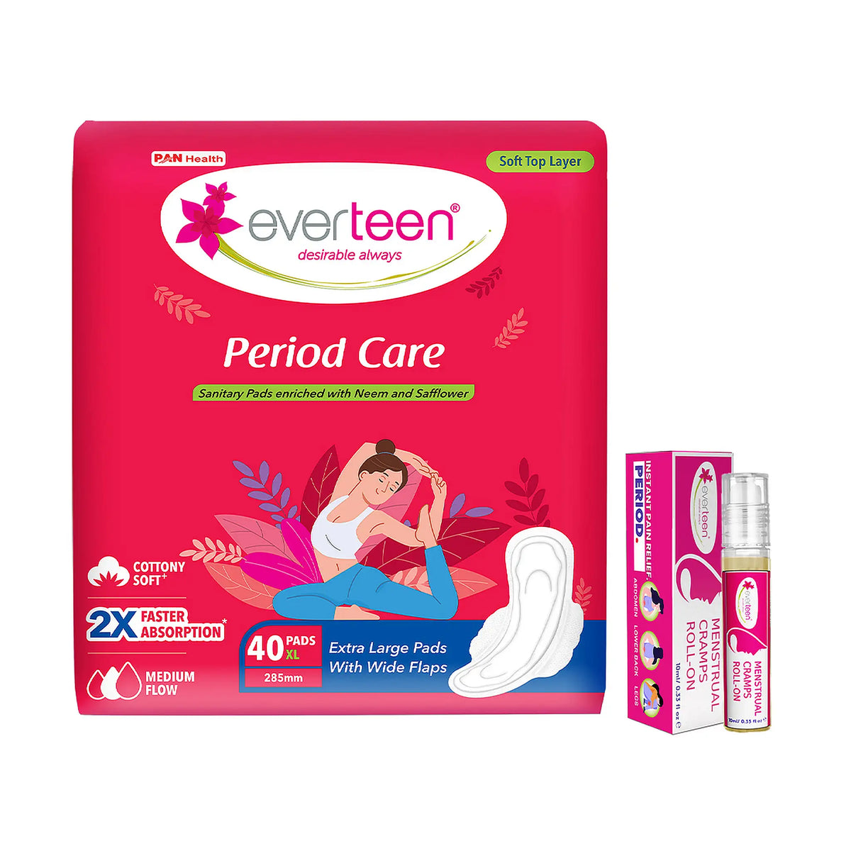 everteen Combo - Period Care Soft 40 XL Sanitary Pads and Menstrual Cramps Roll-On 10ml
