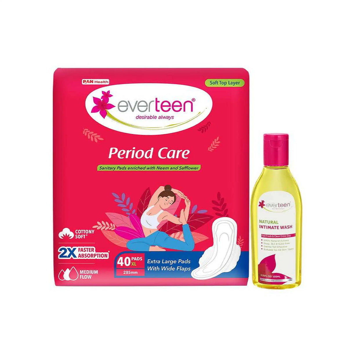 everteen Combo - Period Care Soft 40 XL Pads and Natural Intimate Wash 105ml
