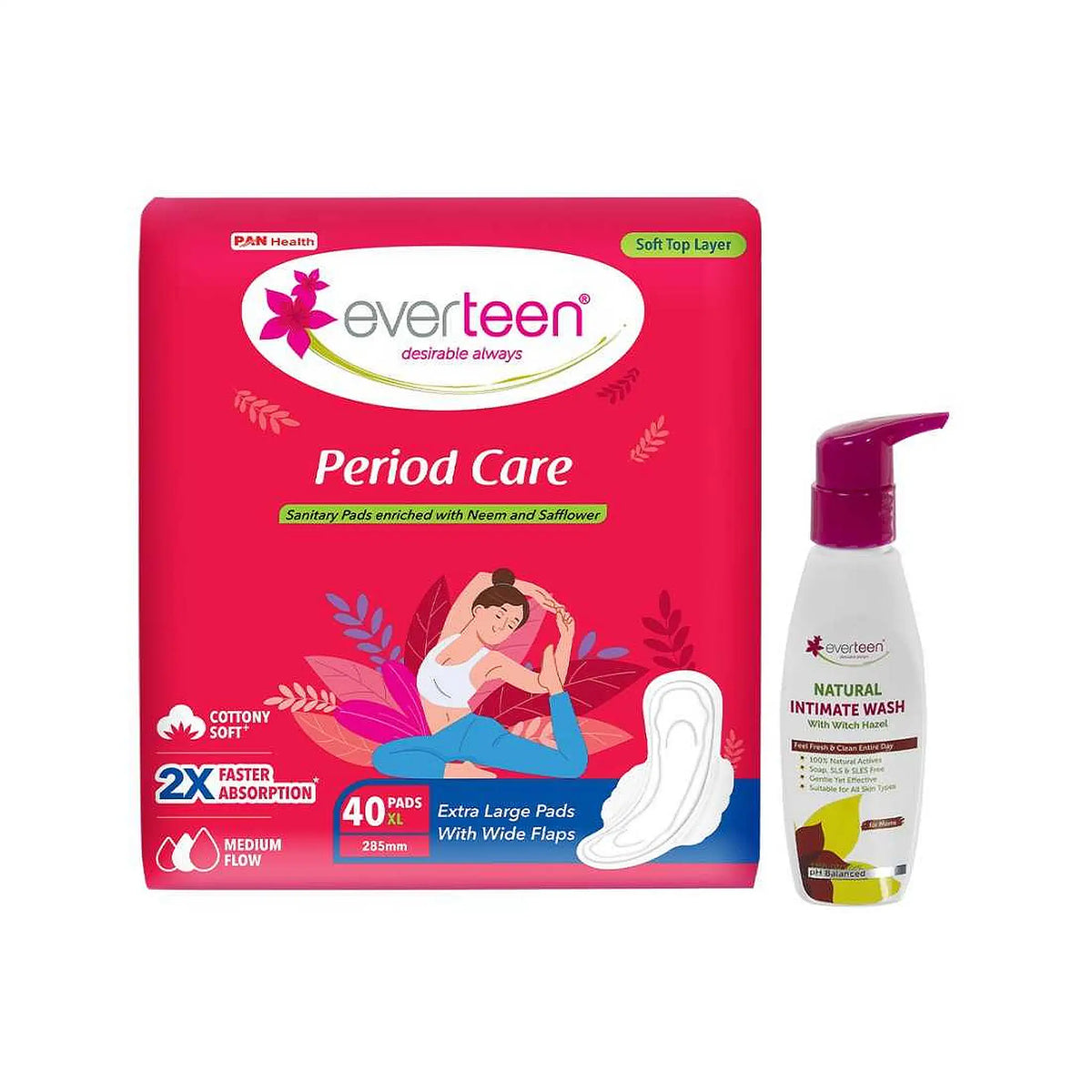 everteen Combo - Period Care XL Soft 40 Pads and Witch Hazel Intimate Wash 105ml